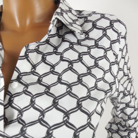 TALBOTS Top M/10 Button Down Blouse Black/White Print Stretch Shirt Casual - Picture 3 of 10